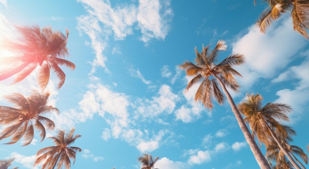 una giornata di sole sopra le palme di cocco con vista sul cielo blu