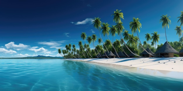 Una giornata di sole sulla spiaggia tropicale con capanne di palme e acqua cristallina