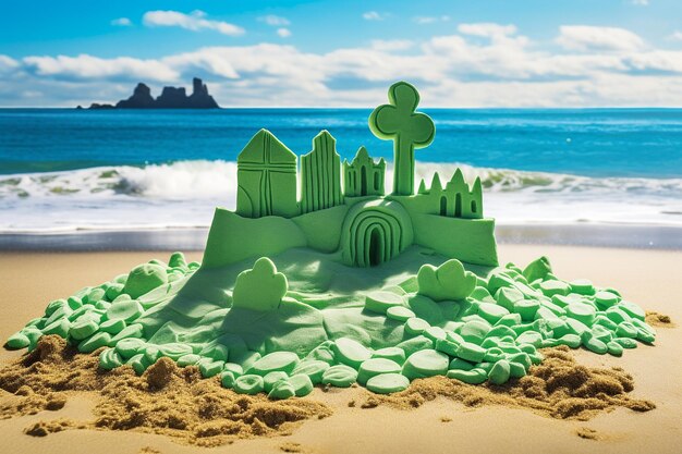 Una giornata in spiaggia con un castello di sabbia a forma di trifoglio