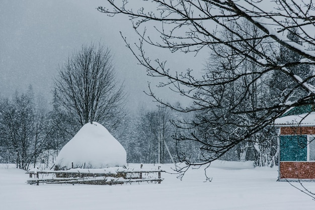 Una giornata nevosa in un villaggio di montagna vicino al fiume