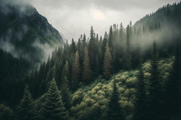 Una giornata nuvolosa in una foresta di montagna con vegetazione lussureggiante