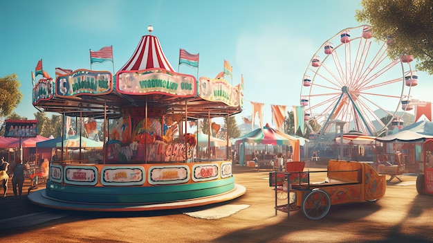 Una giostra in un carnevale con una ruota panoramica sullo sfondo.