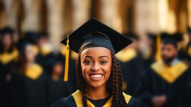 Una giovane afroamericana di pelle scura che indossa un cappello di laurea sullo sfondo della sua c