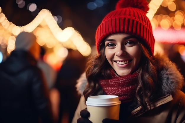 Una giovane allegra bella ragazza scandinava beve caffè mentre cammina nel centro della città alla vigilia di Natale Festive luci di Natale sullo sfondo