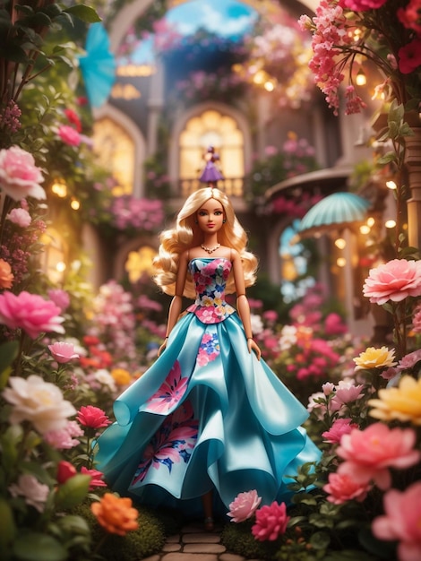 Una giovane Barbie in piedi nel miglior giardino del mondo