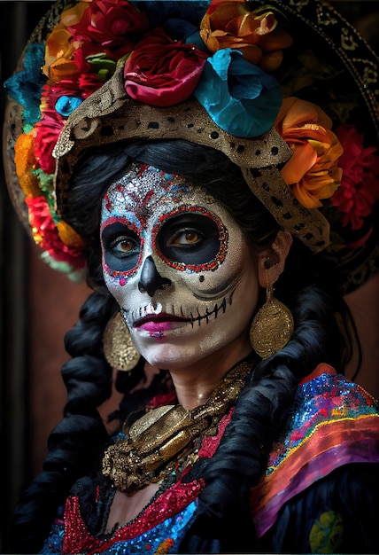 Una giovane bella donna con un teschio dipinto sul viso nel giorno dei morti in Messico