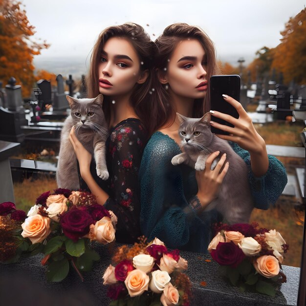 Una giovane bella donna in abiti eleganti in posa con i gatti sul cimitero
