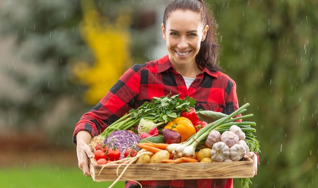 Una giovane bella donna in giardino porta una cassa piena di verdure fresche. Un agricoltore sorridente felice gode della pioggia, che aiuta il raccolto.