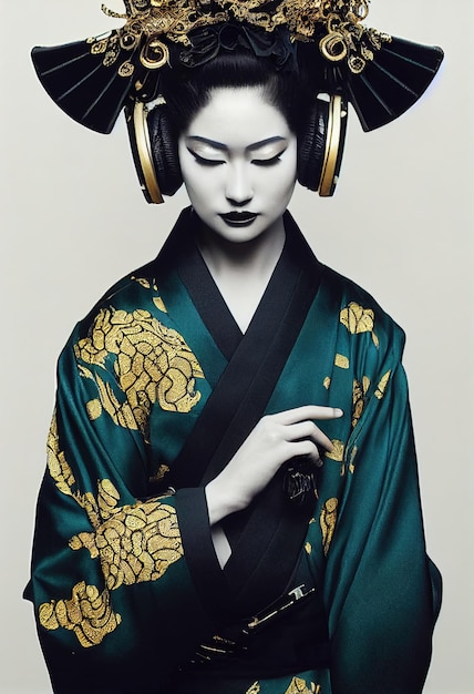 Una giovane bella geisha in kimono e cuffie Ritratto di una bella geisha