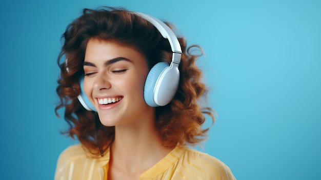 Una giovane bella ragazza che ascolta la musica che sorride ridendo di felicità Sfondo blu