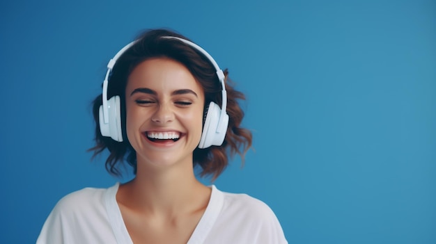 Una giovane bella ragazza che ascolta la musica che sorride ridendo di felicità Sfondo blu