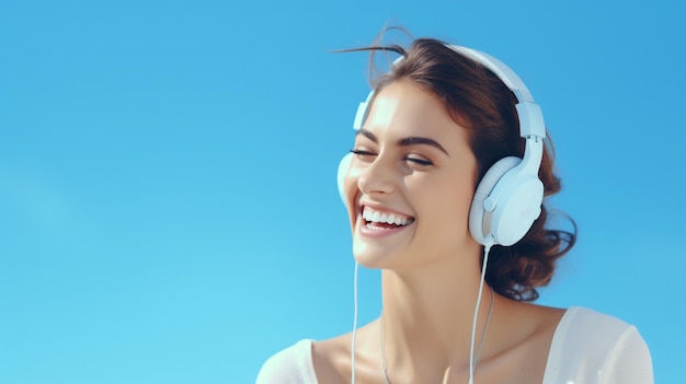 Una giovane bella ragazza che ascolta la musica che sorride ridendo di felicità Sfondo blu