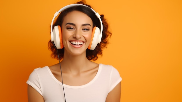 Una giovane bella ragazza che ascolta la musica che sorride ridendo di felicità su uno sfondo arancione