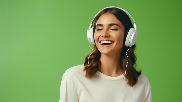 Una giovane bella ragazza che ascolta la musica che sorride ridendo di felicità su uno sfondo verde