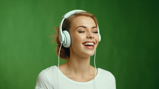 Una giovane bella ragazza che ascolta la musica che sorride ridendo di felicità su uno sfondo verde