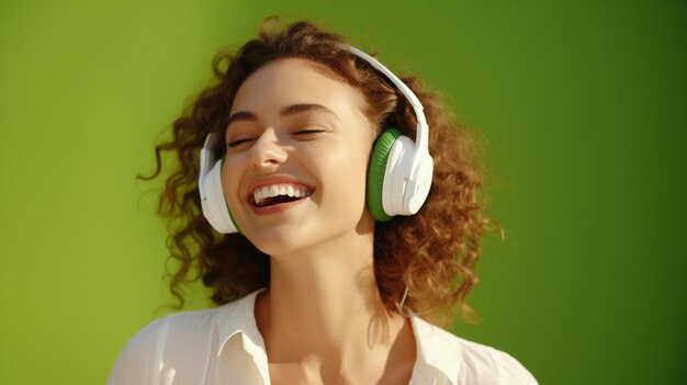 Una giovane bella ragazza che ascolta la musica che sorride ridendo di felicità su uno sfondo verde