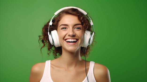 Una giovane bella ragazza che ascolta la musica che sorride ridendo di felicità su uno sfondo verde