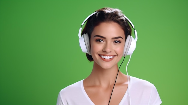 Una giovane bella ragazza che ascolta la musica che sorride ridendo di felicità su uno sfondo verde