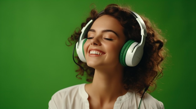 Una giovane bella ragazza che ascolta la musica che sorride ridendo di felicità su uno sfondo verde