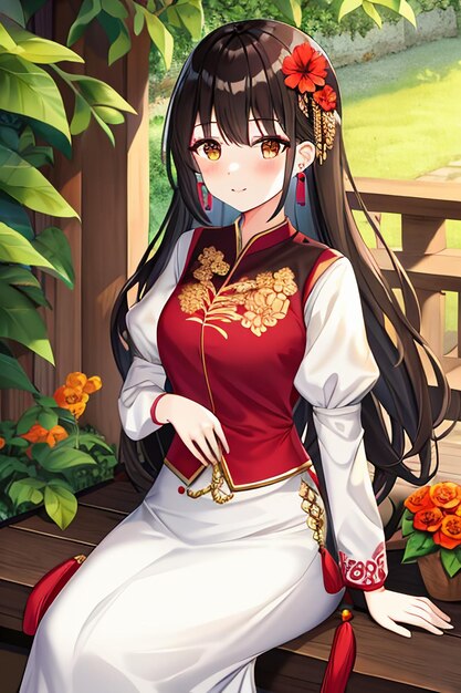 Una giovane bellezza dei cartoni animati che indossa un bellissimo costume di gonna cheongsam classico con decorazioni floreali