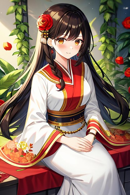 Una giovane bellezza dei cartoni animati che indossa un bellissimo costume di gonna cheongsam classico con decorazioni floreali