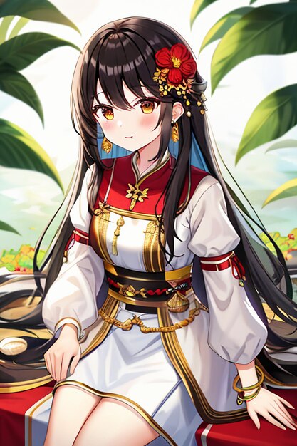 Una giovane bellezza dei cartoni animati che indossa un bellissimo costume di gonna cheongsam classico con decorazioni floreali