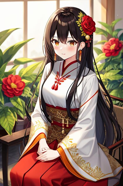 Una giovane bellezza dei cartoni animati che indossa un bellissimo costume di gonna cheongsam classico con decorazioni floreali