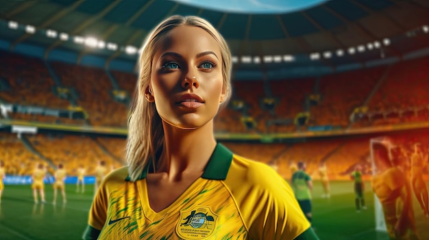 Una giovane calciatrice che indossa i colori vivaci dell'uniforme da calcio dell'Australia sullo sfondo del vivace stadio di calcio FIFA Women's World Cup Australia e Nuova Zelanda 2023 Ai generativa