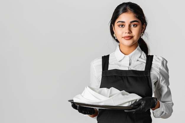 Una giovane cameriera in uniforme tiene in mano un vassoio vuoto che esemplifica la prontezza e il servizio professionale