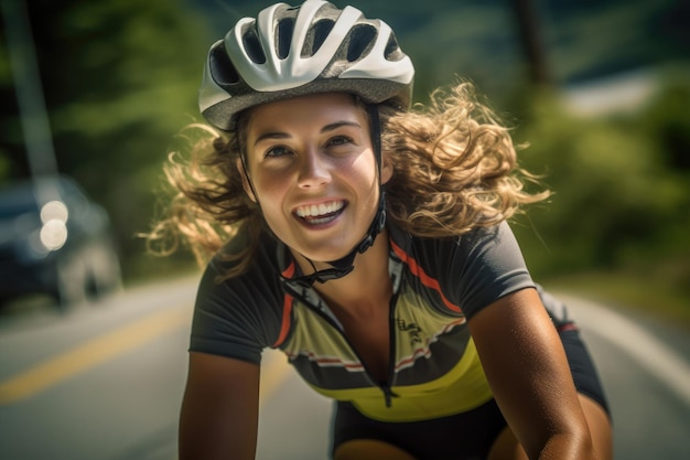 Una giovane ciclista con un'immagine ravvicinata del suo viso sorridente mentre guida l'IA generativa