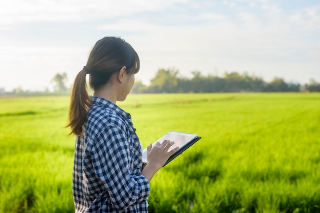 Una giovane contadina intelligente con tablet sul campo, innovazioni ad alta tecnologia e agricoltura intelligente