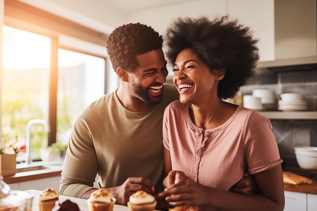 Una giovane coppia adulta afroamericana sorridente che cucina insieme in una cucina allegra