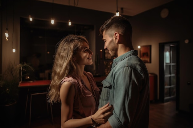 Una giovane coppia al loro primo appuntamento balla e si muove al ritmo della musica creata con l'IA generativa