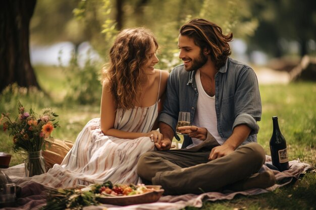 Una giovane coppia al parco all'aperto a fare un picnic