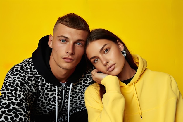 Una giovane coppia alla moda in abbigliamento athleisure posa su uno sfondo giallo vibrante da studio