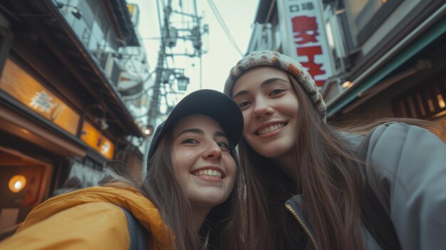 Una giovane coppia barbuta viaggia a livello internazionale nel vecchio centro di Tokyo sorridente e guardando la telecamera