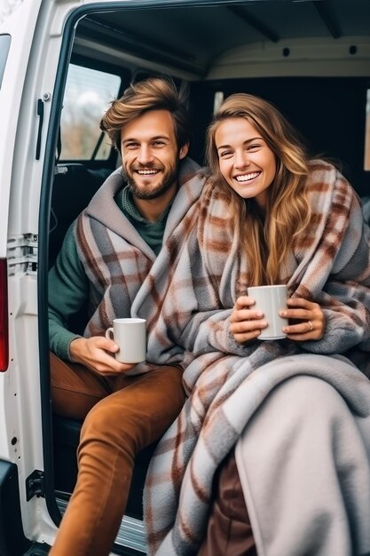 Una giovane coppia caucasica innamorata in un camper bevono il caffè del mattino e guardano la telecamera Viaggiare in coppia è una scusa per fuggire dal trambusto della grande città ed essere soli