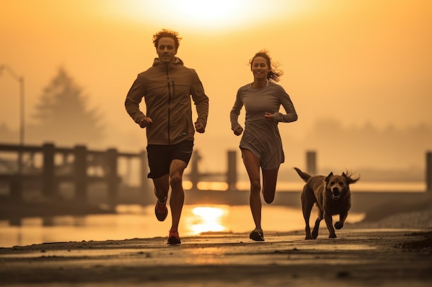 Una giovane coppia che fa jogging sulla spiaggia all'alba, un concetto di stile di vita sano, una donna d'affari sicura che fa una presentazione aziendale ad un seminario o a una conferenza.