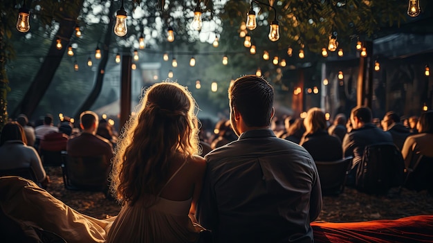 Una giovane coppia che guarda un film nel parco in un cinema all'aperto