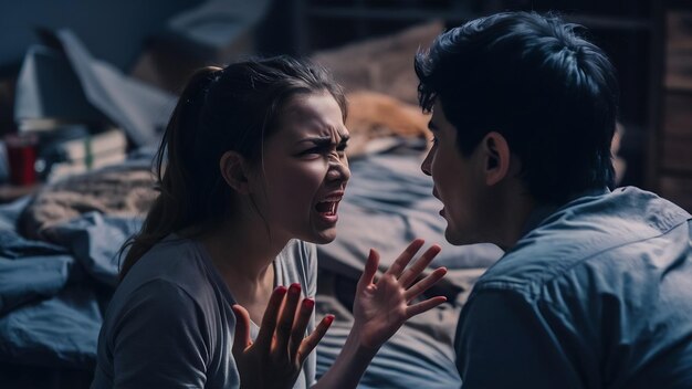 Una giovane coppia che ha un conflitto e discute in camera da letto si concentra sulla donna