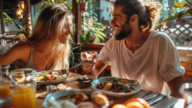 Una giovane coppia che ride e si gode una sana colazione insieme in una stanza illuminata dal sole