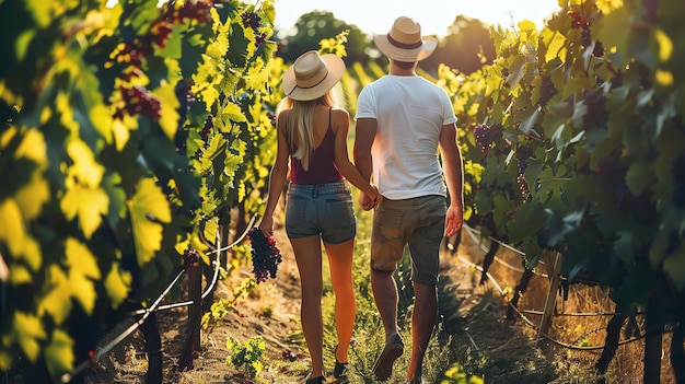 Una giovane coppia che si tiene per mano e cammina attraverso una vigna lussureggiante