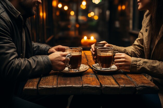 Una giovane coppia che si tiene per mano per mangiare il caffè su un tavolo di legno