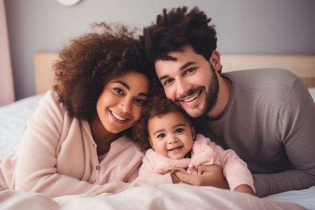 Una giovane coppia di famiglie multirazziali gioca con un bambino carino a letto tenendo in braccio una bambina bambina felice genitori multietnici che si divertono al mattino sollevando la bambina in camera da letto a casa