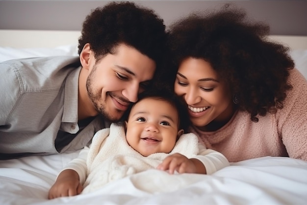 Una giovane coppia di famiglie multirazziali gioca con un bambino carino a letto tenendo in braccio una bambina bambina felice genitori multietnici che si divertono al mattino sollevando la bambina in camera da letto a casa