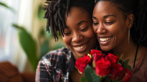 Una giovane coppia di lesbiche afroamericane felici che si abbracciano con fiori concetto di orgoglio IA generativa