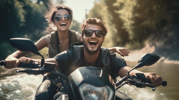 Una giovane coppia di motociclisti felici che guidano una motocicletta nera sullo sfondo di vista all'aperto generata dall'AI