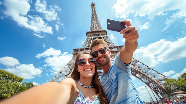 Una giovane coppia di turisti a Parigi che si fanno un selfie davanti alla Torre Eiffel