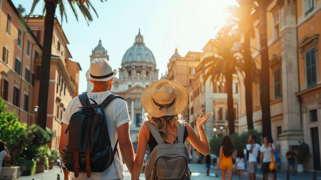 Una giovane coppia di turisti con gli zaini che visitano Roma, in Italia, camminano mano nella mano e guardano le attrazioni