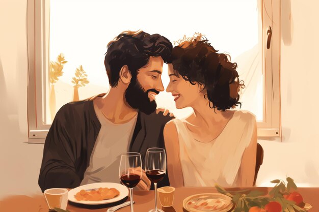 Una giovane coppia felice che si gode una cena romantica per l'anniversario nella loro accogliente cucina di casa